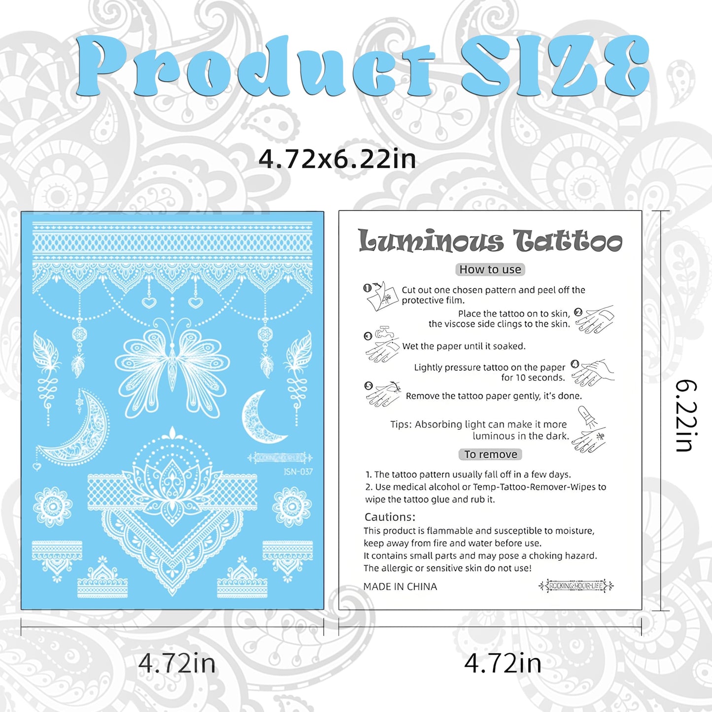 Casciybo Glow In The Dark Tattoo 7 Sheets for Women, UV Blacklight Reactive Face Temporary Tattoos for Adults Fake Flower Butterfly Waterproof Face Body Arm Tattoo, Night Glitter Party Supply