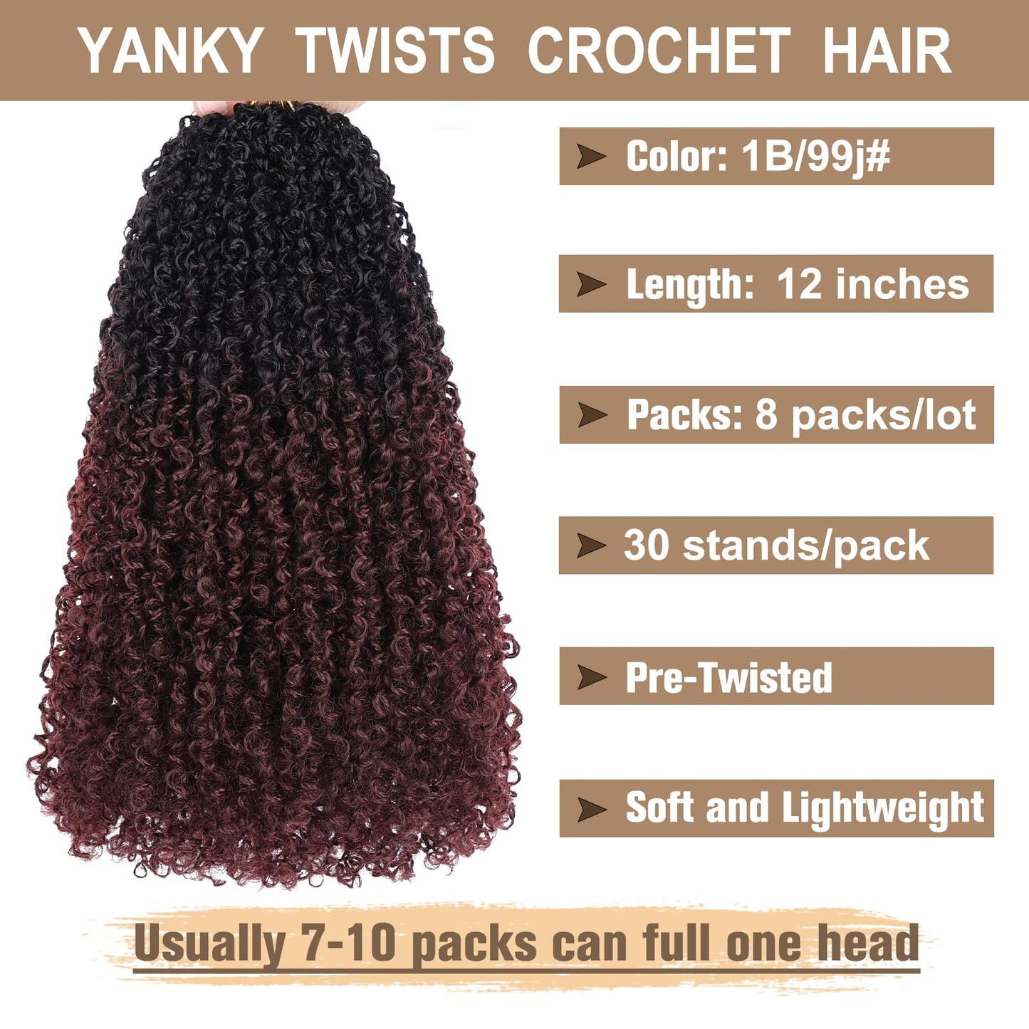 COOKOO 12 Inch Pre-Looped Yanky Twist Crochet Braiding Hair - 8 Packs Fluffy Marlybob Short Spring Braids Synthetic Hair Extensions for Women (1B/99j#)