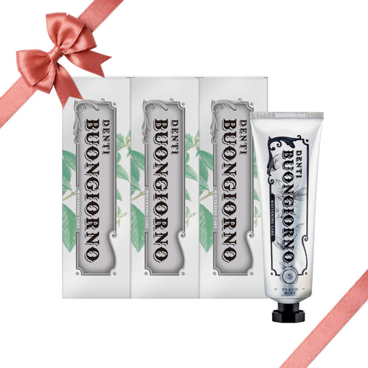 DENTI BUONGIORNO Peach Mint WHITENING Toothpaste (3 Pack)-Fluoride Free, Advanced Hydrogen Peroxide for Coffee Stains & Yellow Teeth, Anti-Plaque & Enamel Safe, Paraben Free (3.52fl oz / 100g)