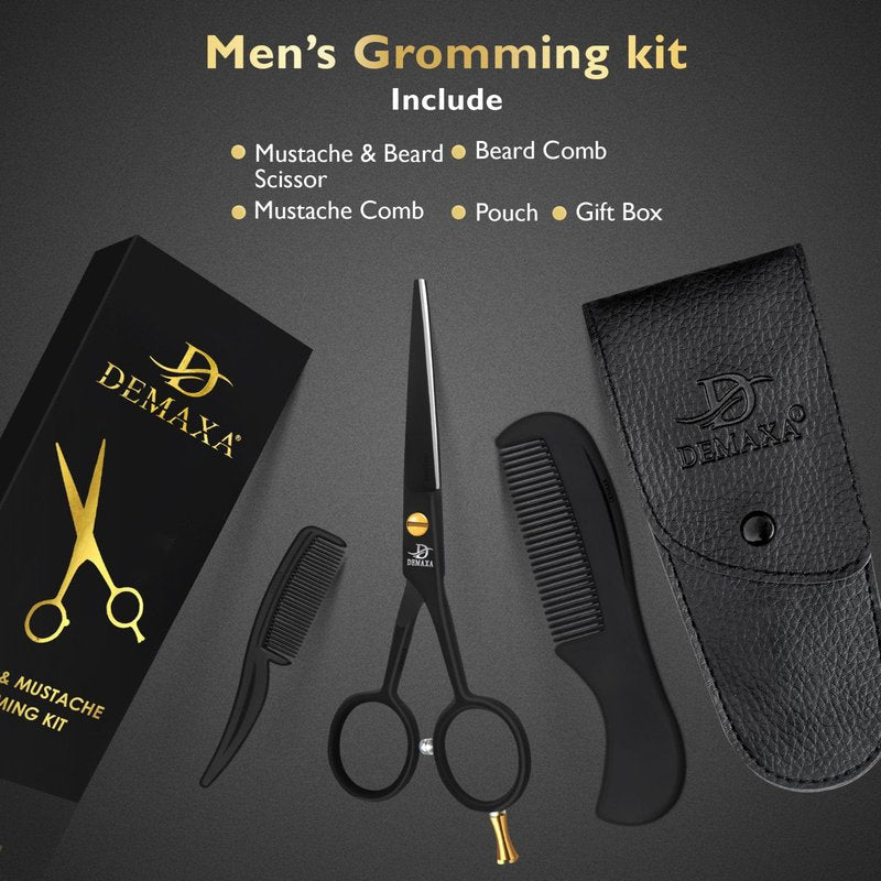 DEMAXA 5" Professional Beard Scissors for men Mustache Scissors with 1 Mustache Comb, 1 Beard Comb & Soft Pouch – Prefect Beard shears mustache kit for All Facial Hair – moustache Grooming kit for Men