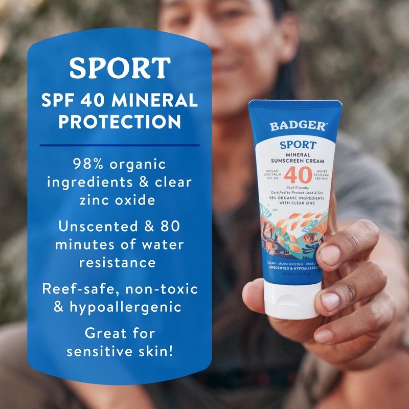 Badger Sport Mineral Sunscreen, Reef Safe, SPF 40, 98% Organic with Zinc Oxide, Water Resistant, Hawaii Reef Act 104 Compliant, Unscented & Hypoallergenic, For Sports & Adventures, 2.9 fl oz, 3-Pack