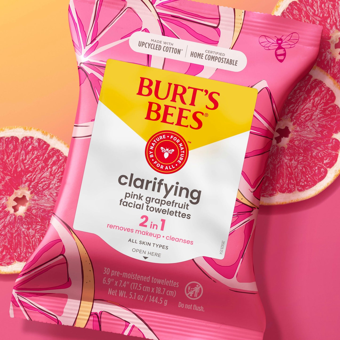 Burt's Bees Pink Grapefruit Face Wipes, for All Skin Types, Hydrating Makeup Remover & Facial Cleansing Towelettes, 30 Ct. (3-Pack)