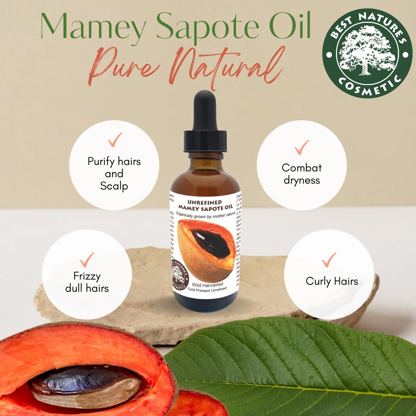 Best Nature's Cosmetics Mamey Sapote Oil Organic - revitalize dry skin and hair with deep moisture and frizz control. For curly, wavy hairs. 4 fl oz / 120ml