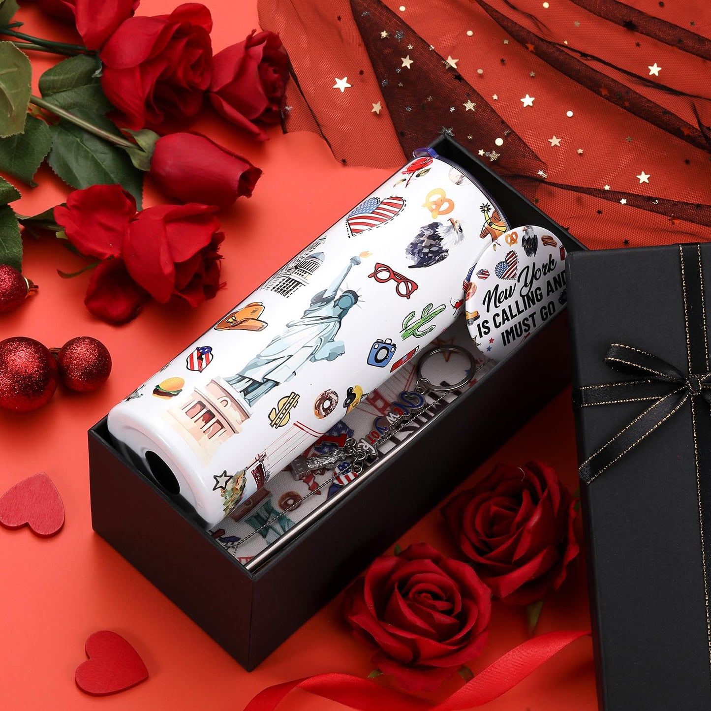 Sieral 5 Pcs New York Travel Gift New York Lover USA Themed Gifts Includes Makeup Bag Thermal Cup Keychain Mirror for Traveler Women Friend Sister Birthday Party