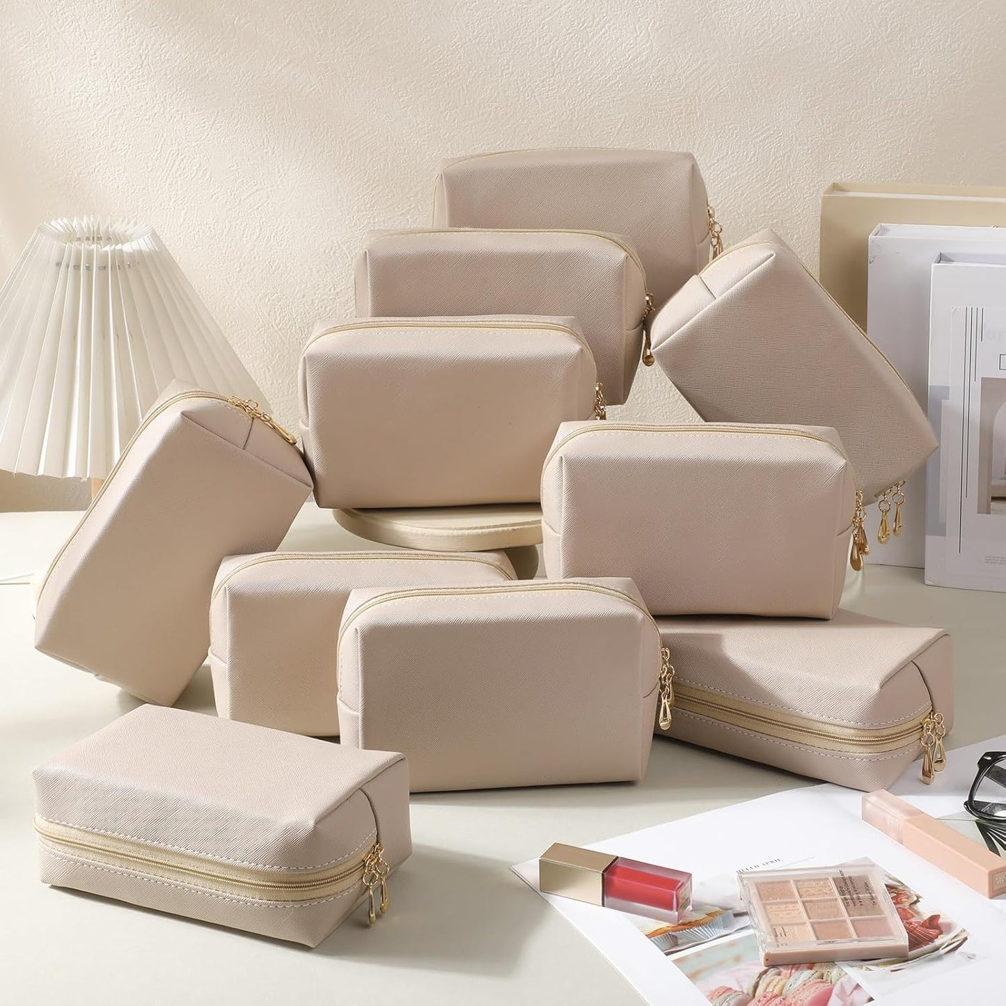 Aesthetic Makeup Bags - PU Leather Waterproof Cosmetic Pouches for Women | Travel Organizer (Nude, 7.1 x 2.8 x 4.3 in)