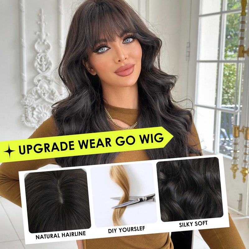 PARK YUN Black Hair Long Wavy Wig With Bangs 30 Inches Sthetic Thick Wig Heat Resistant Ladies Body Wave Wigs For Black Women Natural Looking Daily Party Use
