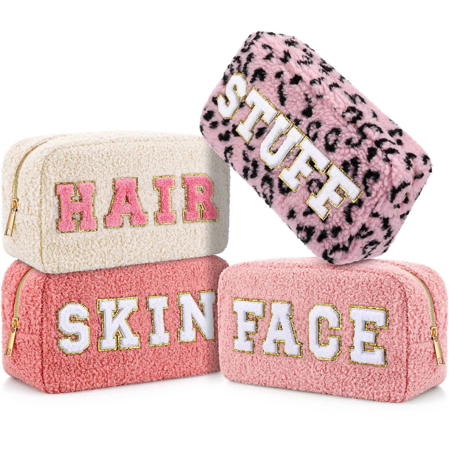 Paterr 4 Pcs Chenille Letter Preppy Patches Makeup Pouch Bag Plush Fuzzy Makeup Pouch Hair Skin Face Stuff Bag Cute Cosmetic Purse Zipper Travel Toiletry for Wedding Birthday Gifts(Pink Colors)