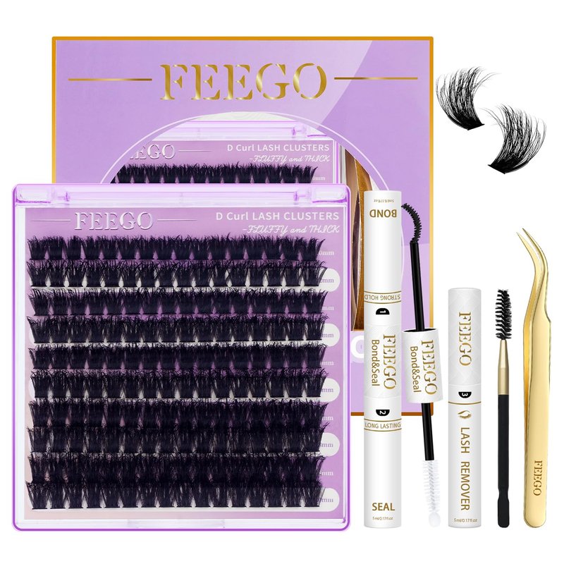 FEEGO Lash Extension Kit 100D/ 200D Fluffy 10-20MM D Curl Lash Clusters Eyelash 160pcs Extension Kit Individual Double headed mascara brush and Seal Lash Remover Lash (200D LASH KIT)