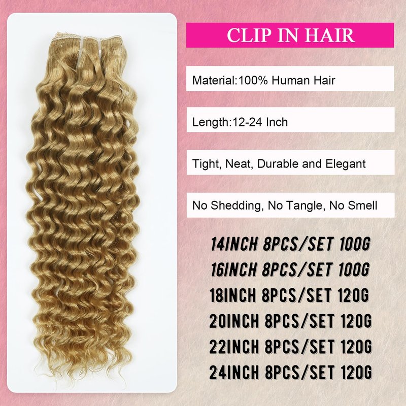 Blonde Clip in Hair Extensions Real Human Hair Deep Curly Glueless Extensions for Black Women 100g/3.5oz Remy Wear and Go 8pcs Double Wefts Invisible Seamless Clip ins Hair 14 inch Wet and Wavy
