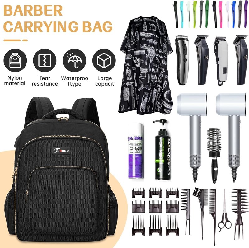 Barber Supplies Bag - Portable Clipper Backpack with USB Port | Black & Gold