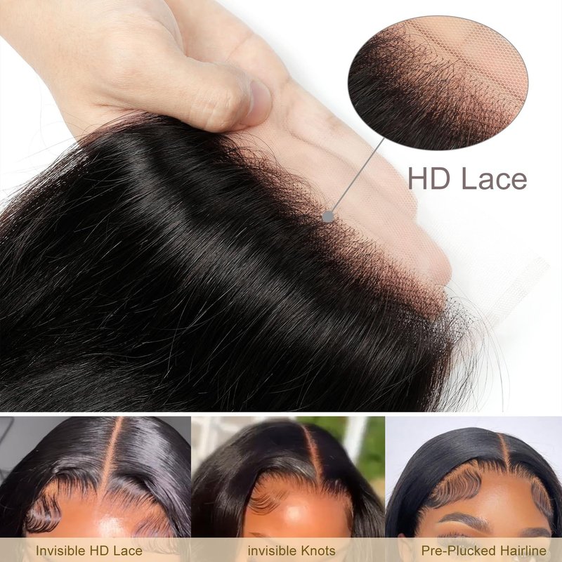 5x5 HD Lace Closure Human Hair Body Wave Virgin Human Hair Closure Invisible Transparent HD Lace Closure Pre-plucked Natural Black(16 Inch,Body Wave)