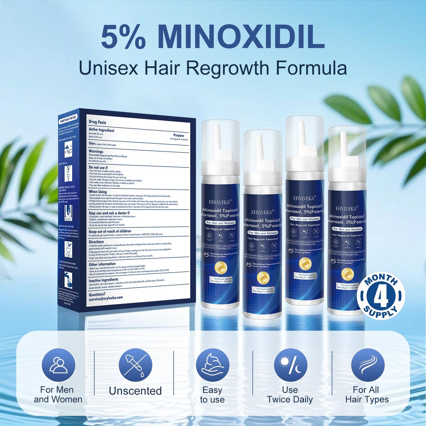ERYLVEKA 5% Minoxidil Foam for Hair & Beard Growth – Thickening Treatment for Men & Women, 4-Month Supply (8.44oz) with Biotin, Unscented & Non-Greasy Formula