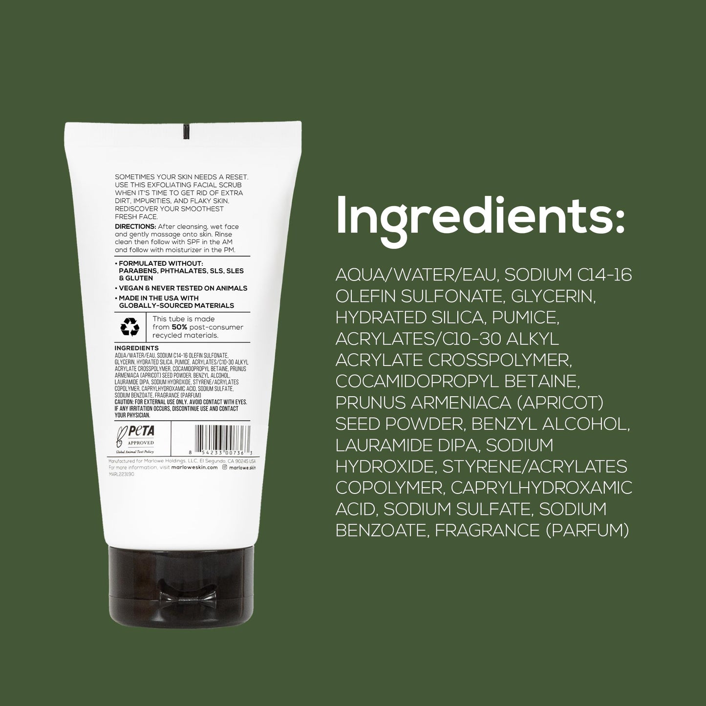 MARLOWE. Facial Scrub for Men, 6 oz, Exfoliating & Refreshing Gentle Face Exfoliator, Cleanses, Smooths, Revitalizes Skin, Clean Vegan Formula with Apricot Seed Powder & Pumice, Fresh Sage & Fir Scent