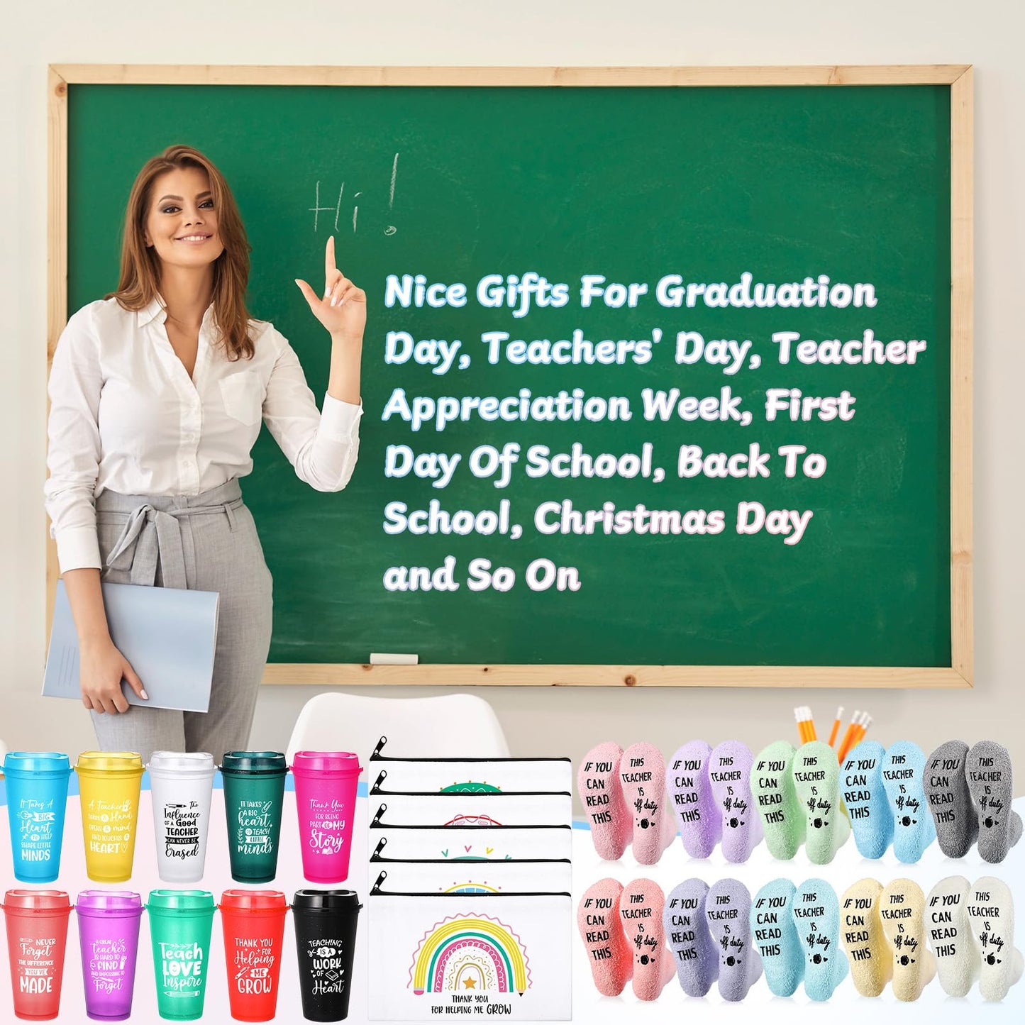 Funnymoom 30 Pieces Teacher Gifts Bulk,Graduation Back to School Day Appreciation Week Gift 16oz Plastic Coffee Tumbler with Lids Teacher Makeup Bags Crew Socks for Women Coworker(Classic)