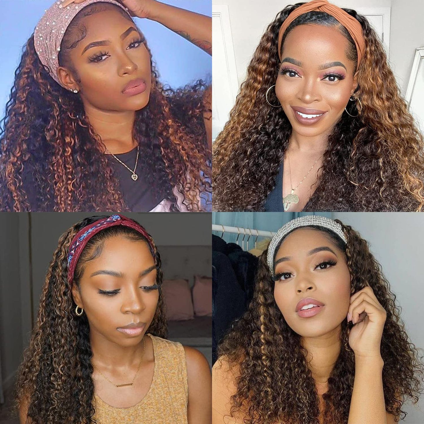 Aiterina Deep Wave Human Hair Wig Highlight Ombre Highlight Curly Human Hair Wig Headband Wigs for Black Women None Lace Front Wigs 150% Density 4/27 Highglight Wig 150% Density 8 inch
