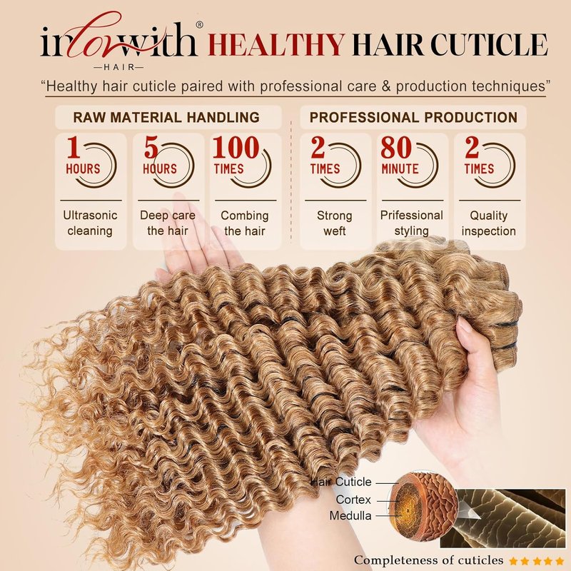 Honey Blonde Deep Wave Human Hair Bundles - 100% Brazilian Virgin Hair | 3 Bundles (16, 18, 20 Inches)