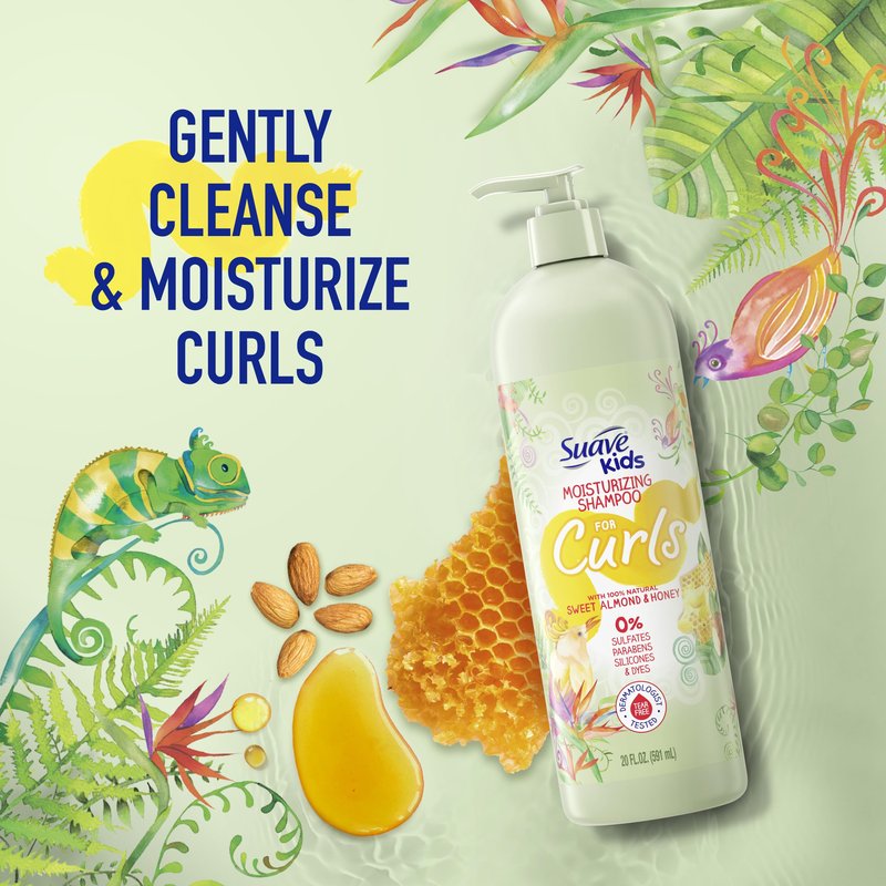 Suave Kids Natural Sweet Almond Honey Curly Hair Shampoo, Tear Free, No Sulfates, No Parabens, No Silicones, No Dyes, 16.5 Oz Pack of 4