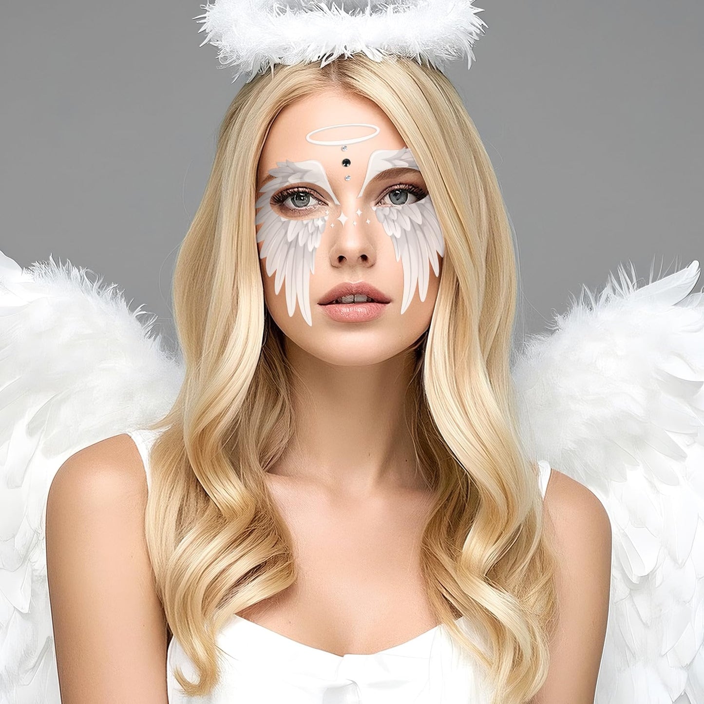 HOWAF Halloween Angel Face Tattoos, 2 Angel Wing Full Face Temporary Tattoos with 2 Sheets Jewels Tattoos Sticker for Hallows' Eve Costumes Accessories, Black and White Fallen Angels Tattoo Stickers