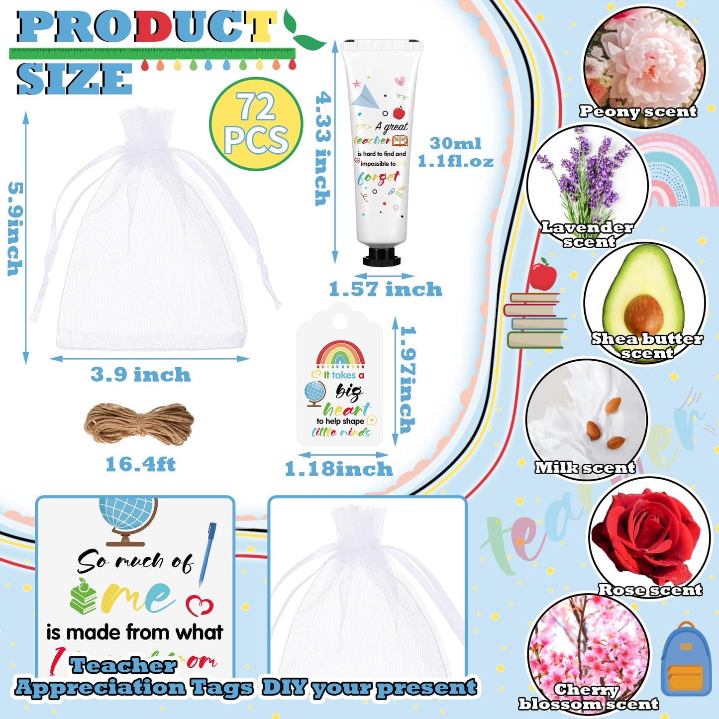 Dimsile 72 Set Teacher Appreciation Gifts Hand Cream Set Moisturizing Hand Lotion Thank You Teacher Gifts Travel Size with Cards Organza Bags for Dry Cracked Mother's Day