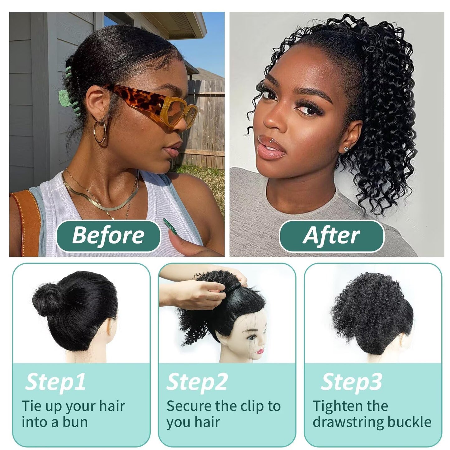 SPIKFN Ponytail Extension Human Hair Curly Ponytail Extension for Black Women 8 Inch #1B Natural Black Short Afro Puffs Hair Buns Drawstring Ponytail Human Hair