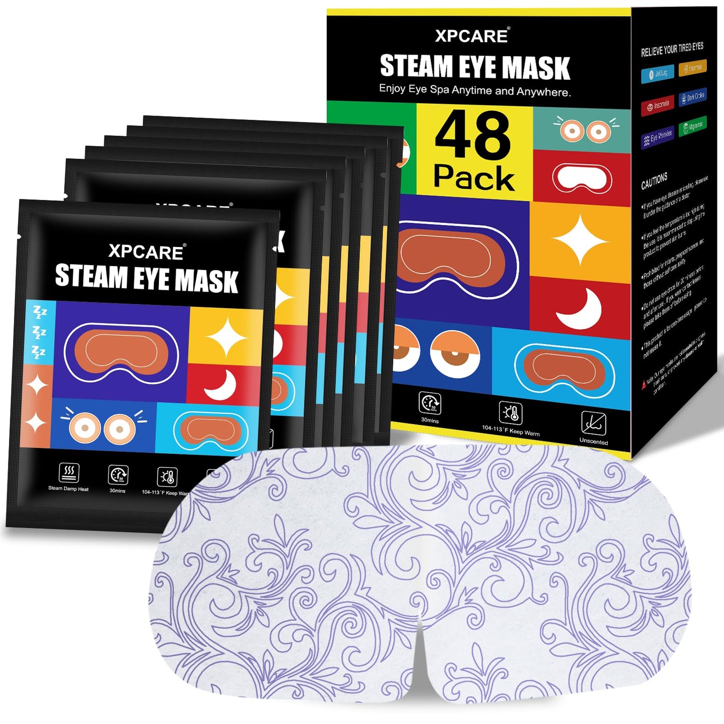 XPCARE 48 Pack Steam Eye Masks for Dry Eyes, Self Heated Steam Warm Eye Mask, Disposable Heated Eye Mask for Dark Circles, Puffy Eyes, Relief Stress Eye Fatigue (Unscented)
