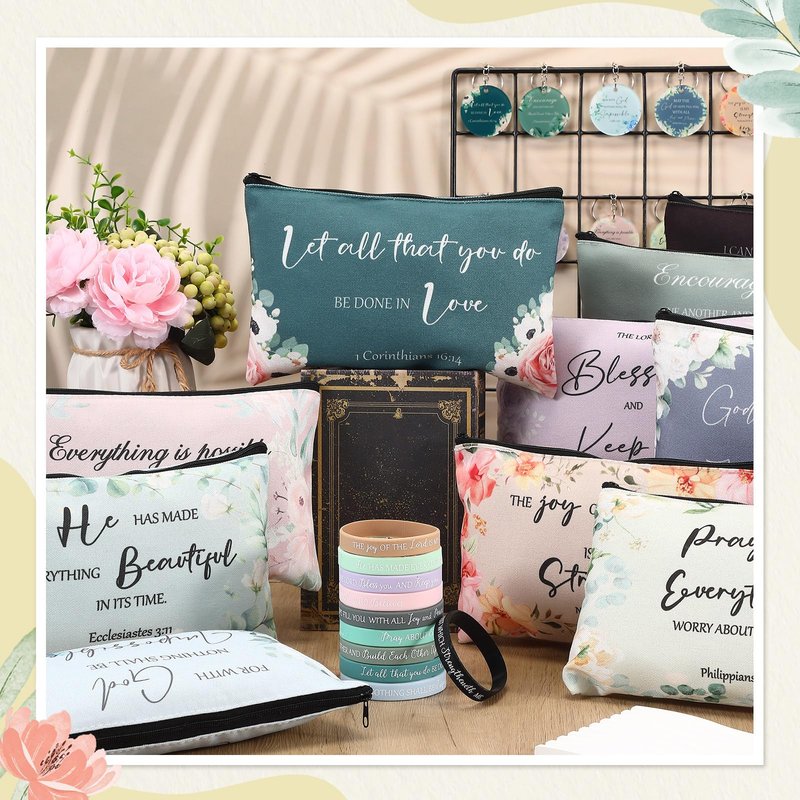 Yeyeplum 60 Pcs Church Gifts for Women Bulk Religious Makeup Bags Inspirational Scripture Keychains Bible Verse Bracelets Christian Favors Gifts Mother's Day