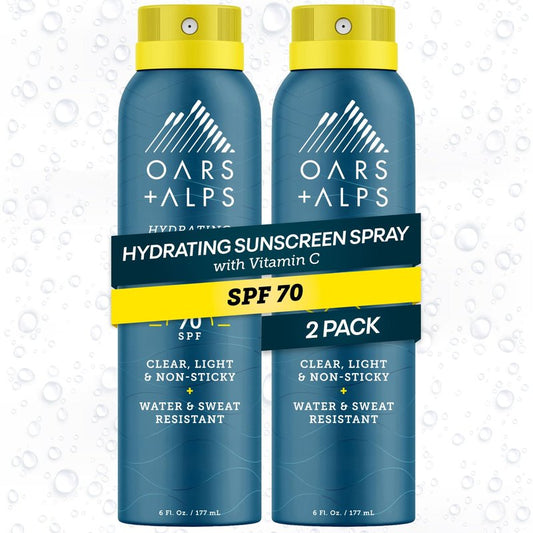 Oars + Alps SPF 70 Face & Body Broad Spectrum Sunscreen Spray | Fast-Absorbing, Lightweight, Non-Greasy, Hawaii Reef Act 104 Compliant, Water-Resistant, Octinoxate + Oxybenzone Free, 6 Oz, 2 Pack