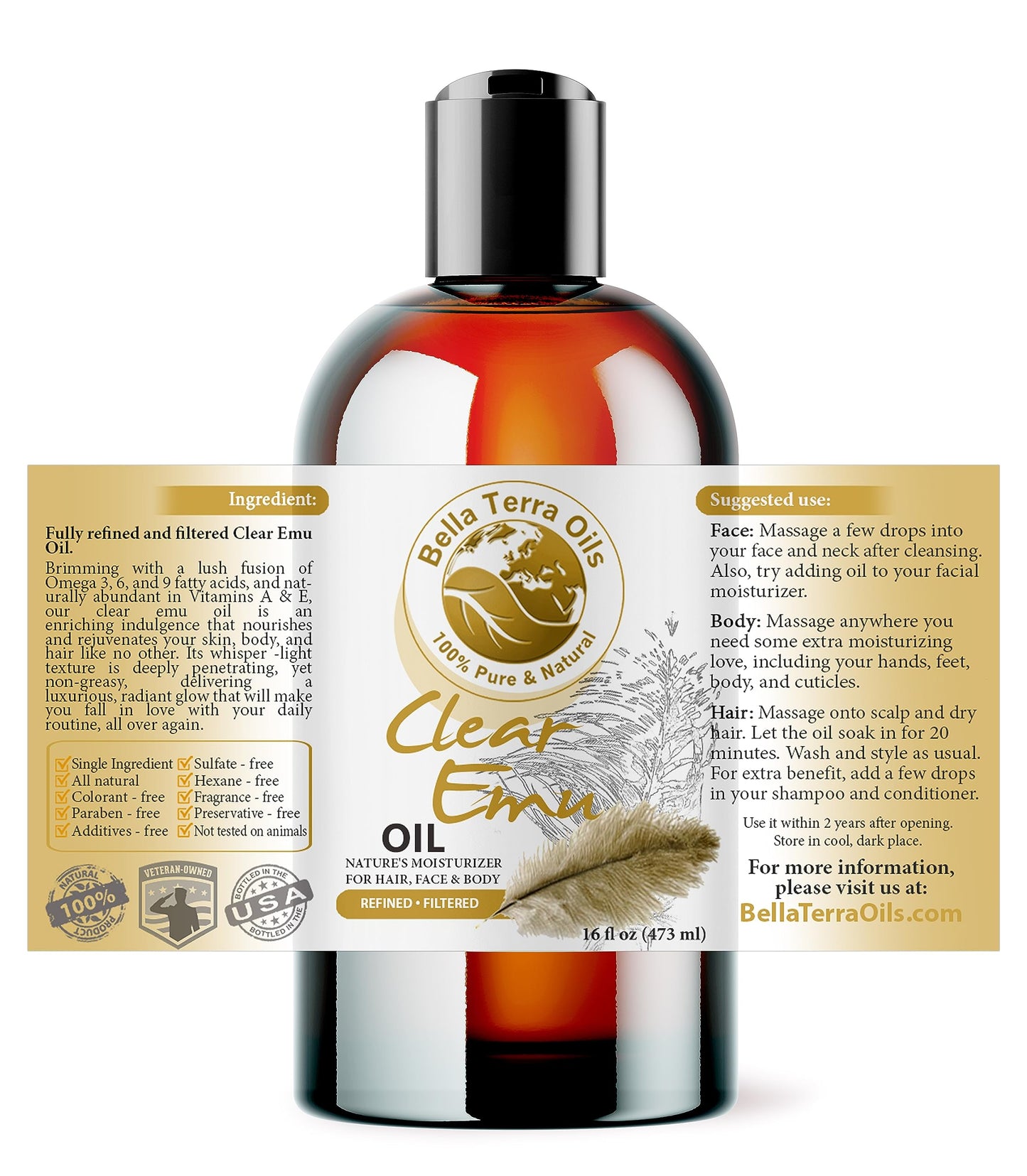 Bella Terra Oils - Clear Emu Oil 16oz - Ultra-Purified & Six-Times Refined, Rich in Omega-9, A Premium Choice for Skin & Hair Hydration