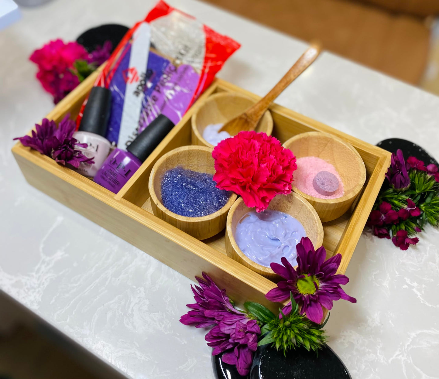 Pedicure Spa Tray, Bamboo Tray Set includes 4 bamboo bowls, bamboo spoon, Bamboo Spa Tray: 10 x 6 x 1.3 inches