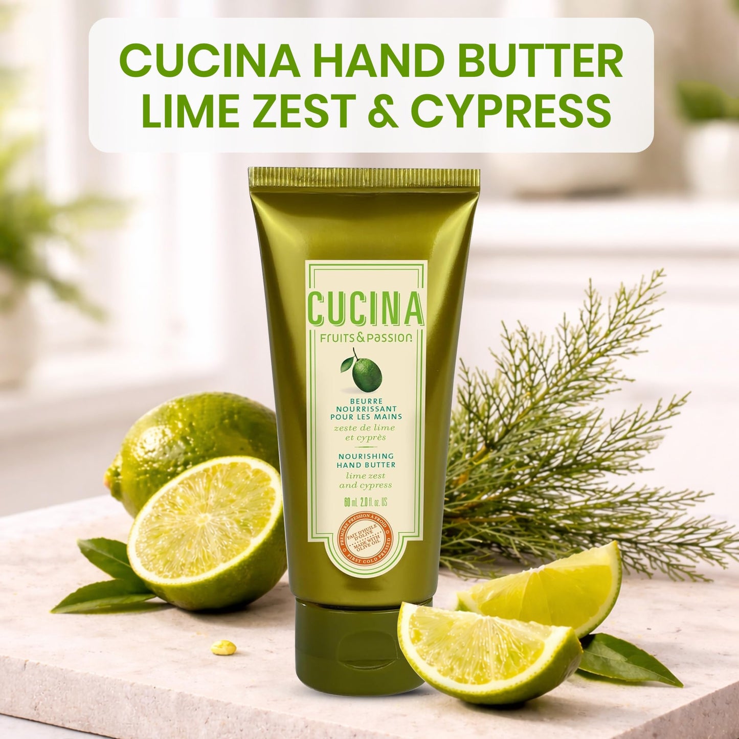 Fruits & Passion Cucina Lime Zest & Cypress Nourishing Hand Butter for Dry Cracked Hands, Rich Natural Formula with Cold-Pressed Olive Oil in Recyclable Jar, 2.0 fl oz