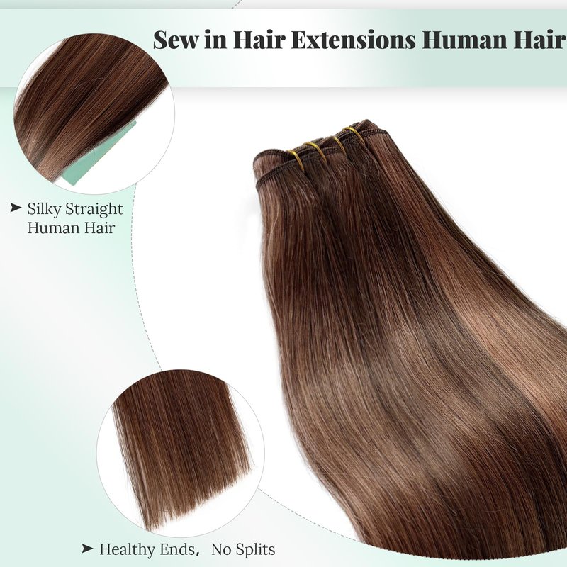 Weft Hair Extensions Medium Brown with Auburn Human Hair Sew in Extensions 14 Inch 80G Thick Ends Double Weft Brown Balayage Hair Extensions Real Human Hair Sew in Hand Tied Real Hair Wefts