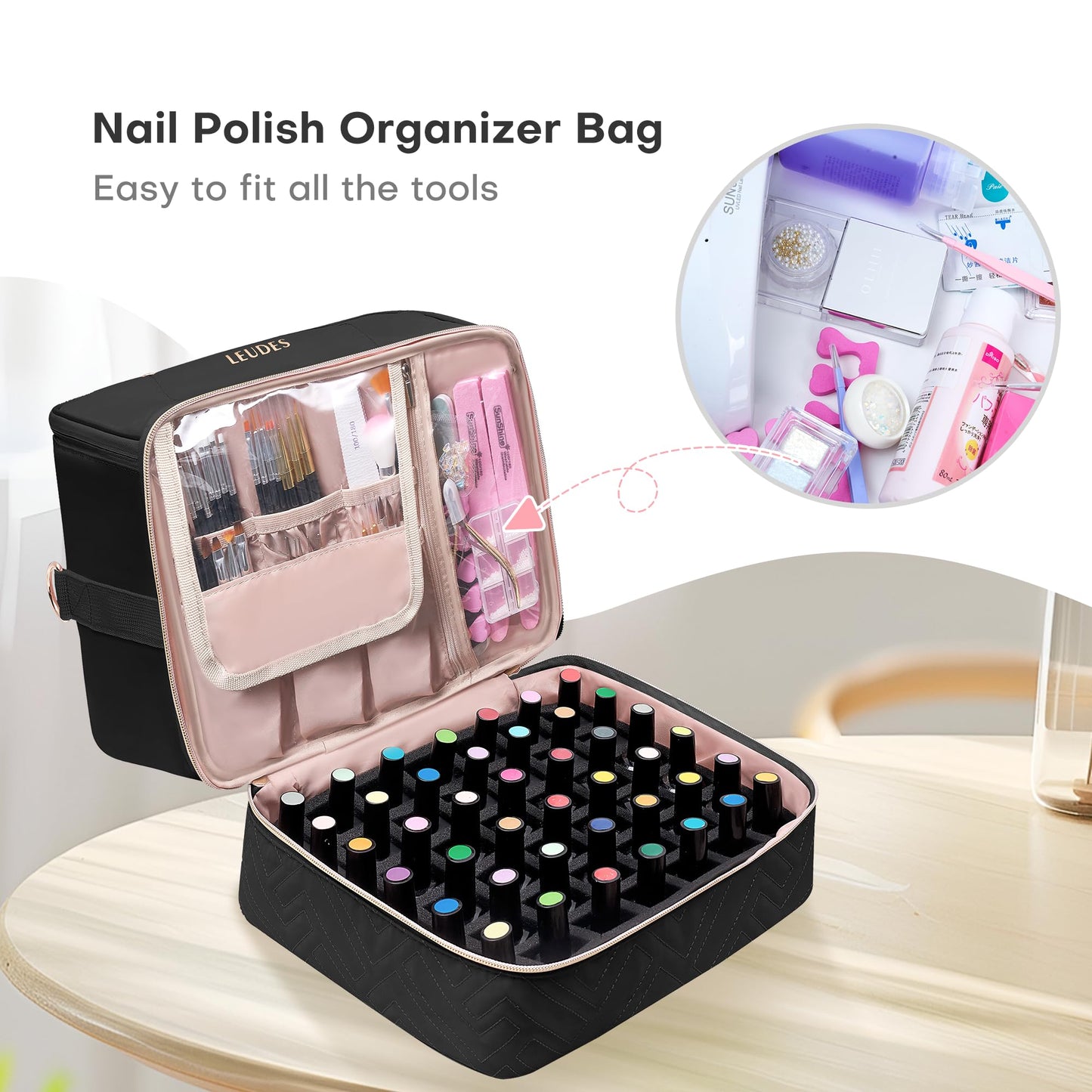 Leudes Nail Polish Organizer and Storage Holder 42 Bottles&Manicure Kit &Nail Lamp,Nail Stuff Bag Organizer Travel Case for Nail Tech Supplies Accessories Manicure Tools (Black)