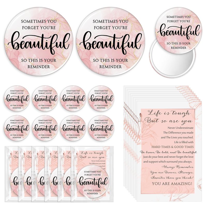 Cinnvoice 50 Sets Pink Mirror Gifts for Women Inspirational Mini Compact Mirror Bulk Small Round Pocket Makeup Graduation Gifts for Teacher Nurse Team Students Coworker (Beautiful)