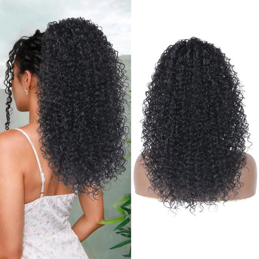 Alebery 20 Inch Drawstring Ponytail Extension for Black Women Deep Curly Ponytail Extension Synthetic Mixed with Human Hair Hairpieces Afro Kinky Curly Pony Tail for Daily Use (Black)