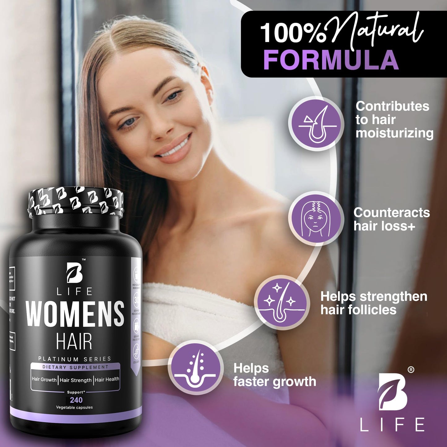 B Life Company Hair Vitamins for Hair Loss for Women – Biotin for Hair Growth – Hair Loss Treatments for Women – Healthy Hair Skin and Nails –240 Capsules – 60 Servings