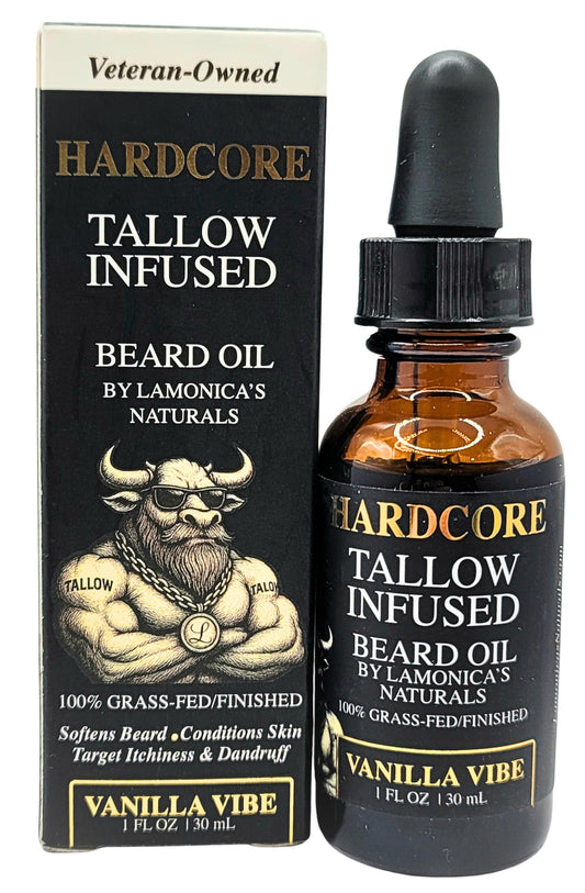 LAMONICA'S NATURALS Beard Oil for Men –TALLOW-INFUSED, Softens & Moisturizes Beard – Organic Sanadalwood + USDA Vanilla Scent – Veteran-Owned Grooming – HARDCORE