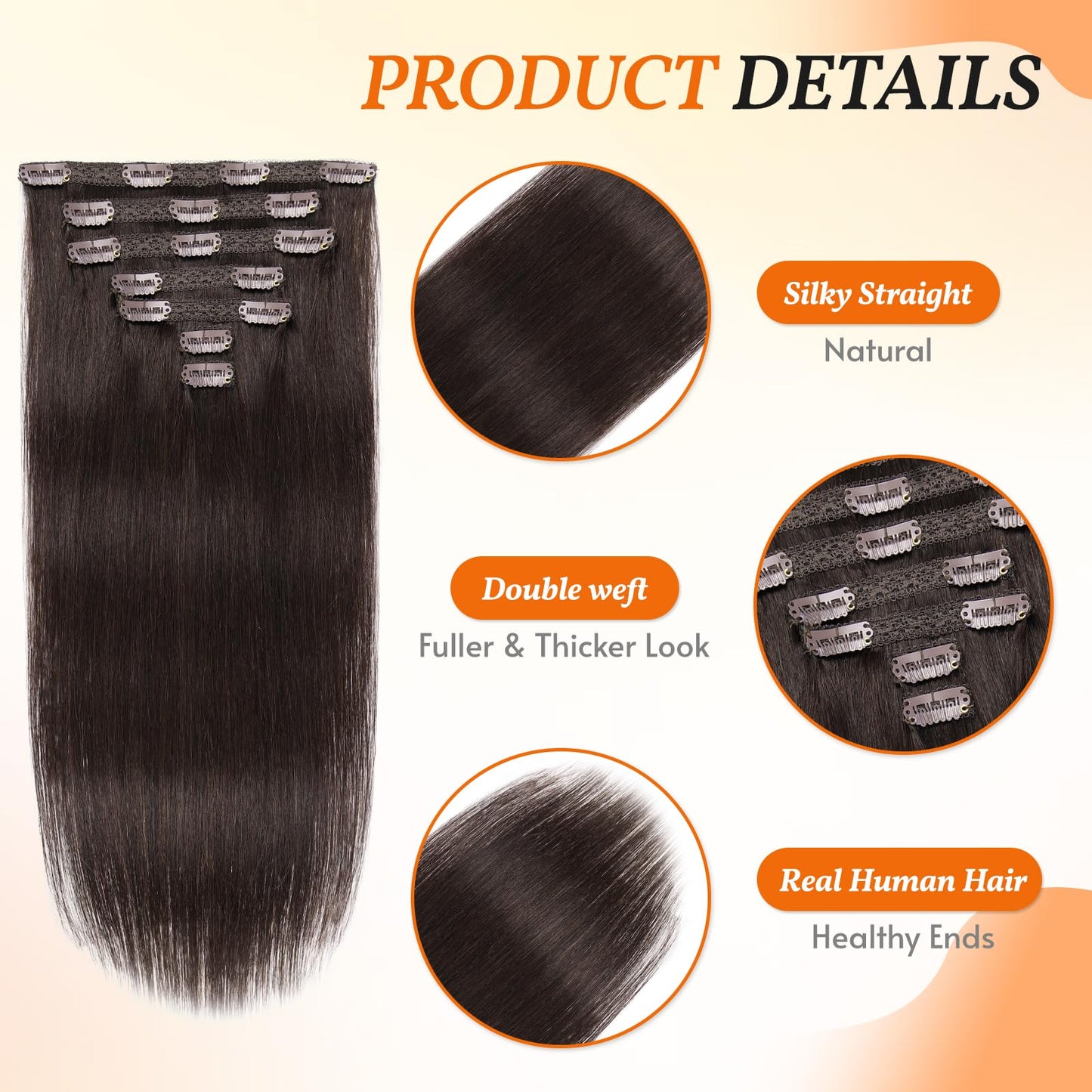 VKHAIR Clip in Hair Extensions Real Human Hair 16 inch, 7Pcs/70g Human Hair Clip in Extensions, Seamless Clip in Hair Extensions Human Hair #2 Dark Brown, 16 Inch