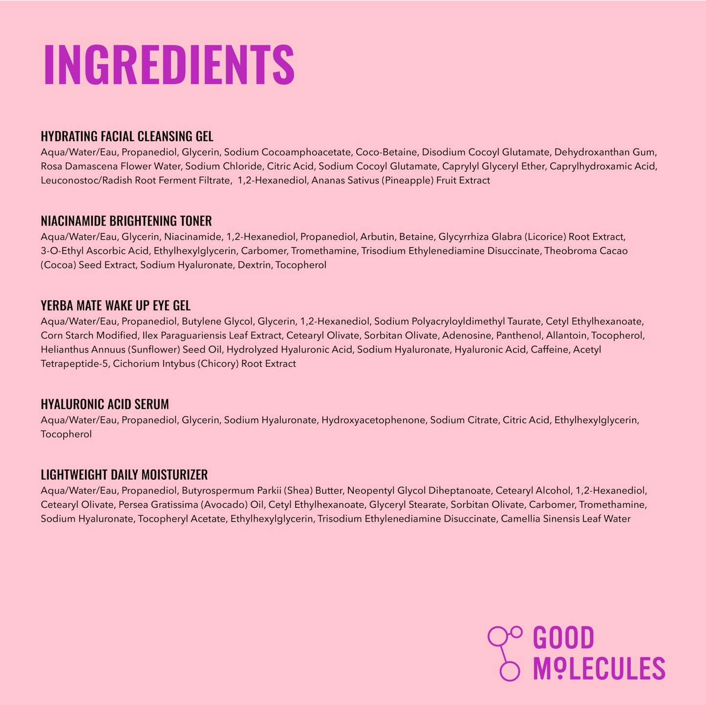 Good Molecules Daily Skincare Routine Set with Hydrating Cleanser, Niacinamide Toner, Hyaluronic Acid Serum, Moisturizer, Eye Gel, 5 Pieces
