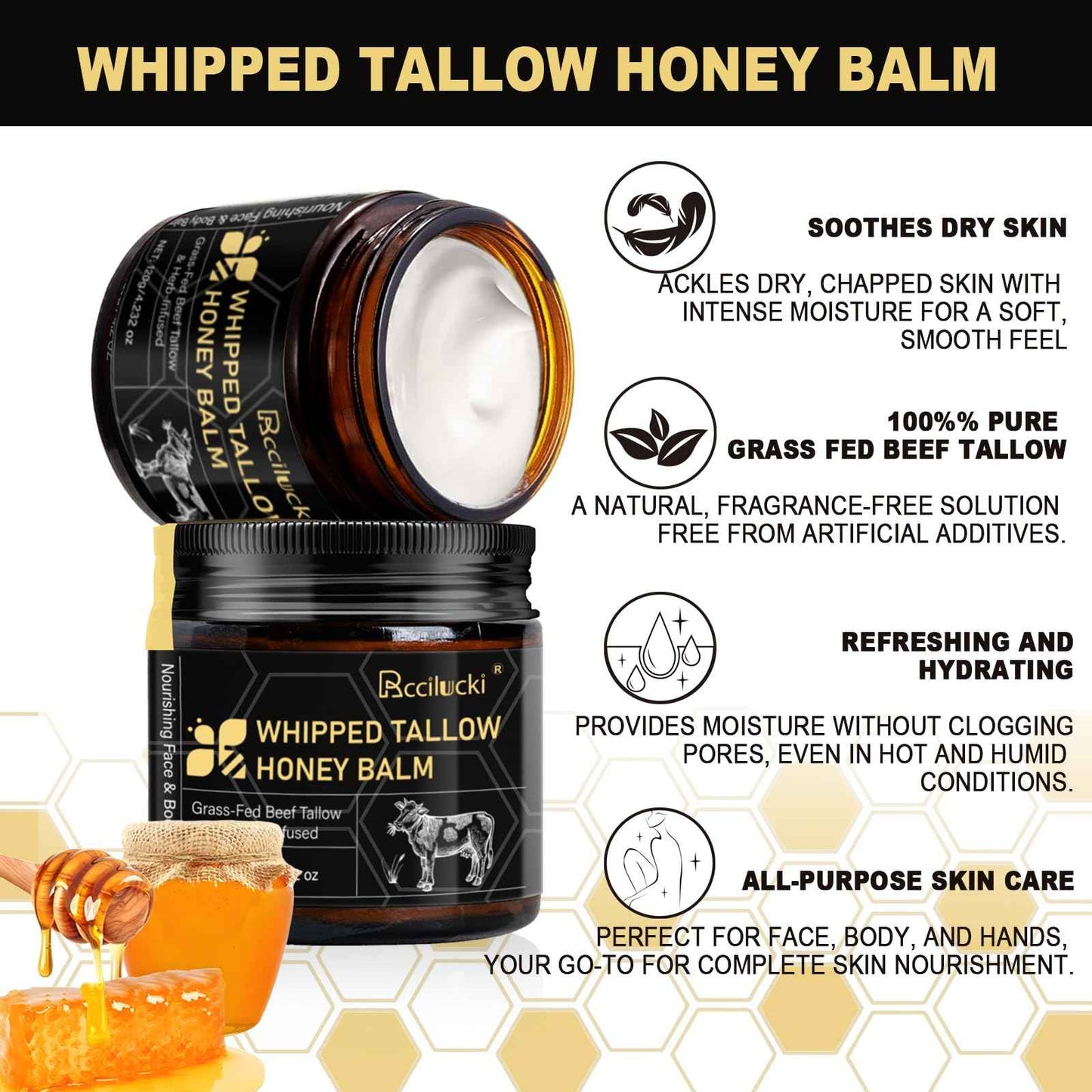 Rccilucki Whipped Tallow Honey Balm for Face & Body – Grass-Fed Whipped Beef Tallow Moisturizer 4.23oz | Organic Tallow Balm with Raw Honey, Vitamin E | Non-Greasy Formula