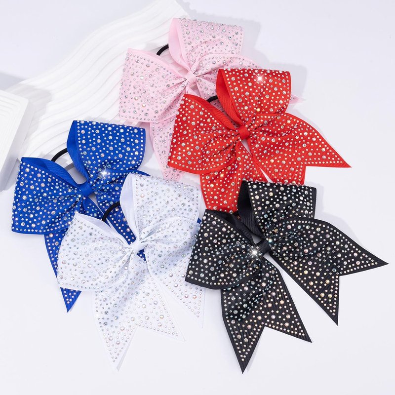 Rhinestone Cheer Bows - 10PCS Red Glitter Hair Bows for Girls | Large Elastic Ponytail Holders for Cheerleading & School Spirit