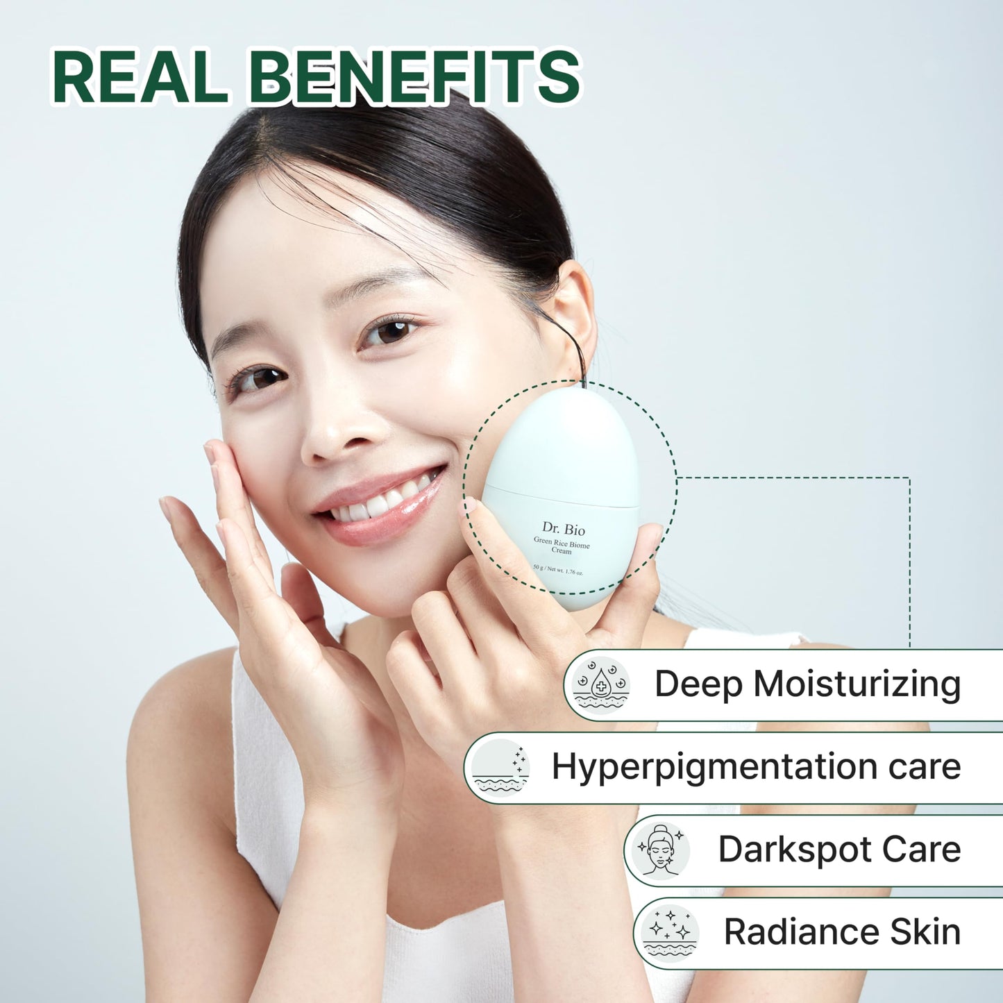 Dr.Bio Green Rice Biome Cream (1.69 fl.oz) with Probiotic, Vegan Moisturiser, Reduce Dark Spot, Treat Hyperpigmentation & Blemish, Radiant Skin, Skin Barrier Care, Fragrance-Free, Korean Skincare