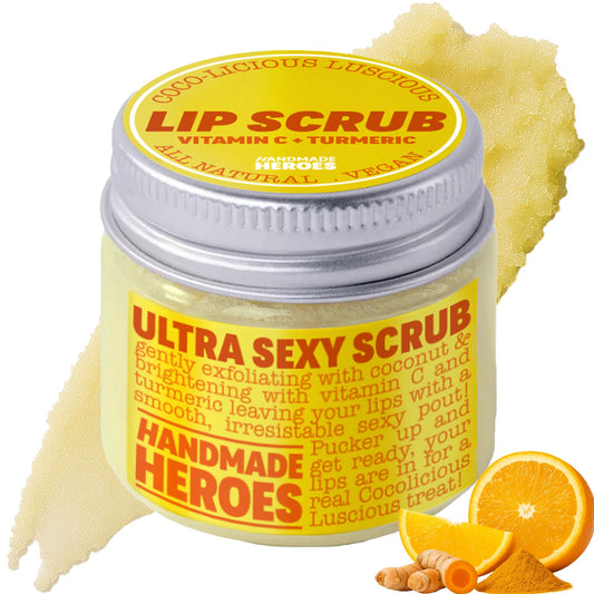 Handmade Heroes Turmeric Lip Scrub with Vitamin C – 100% Natural Vegan Exfoliant To Smooth Dark Dry Chapped & Smokers Lips – Deep Conditioning Sugar Polish Exfoliator Scrubber 1oz