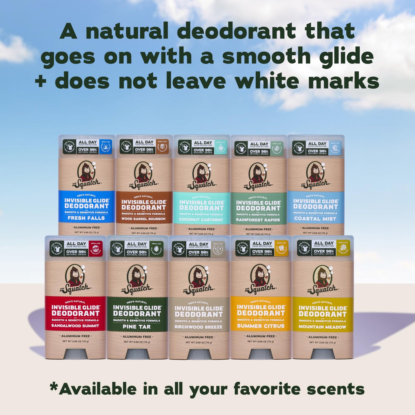 Dr. Squatch Invisible Glide Natural Men’s Deodorant – Smooth Glide, No Stains – Aluminum Free Deodorant Men – Safe for Sensitive Skin – Fresh Falls, 2.65oz (2-Pack)