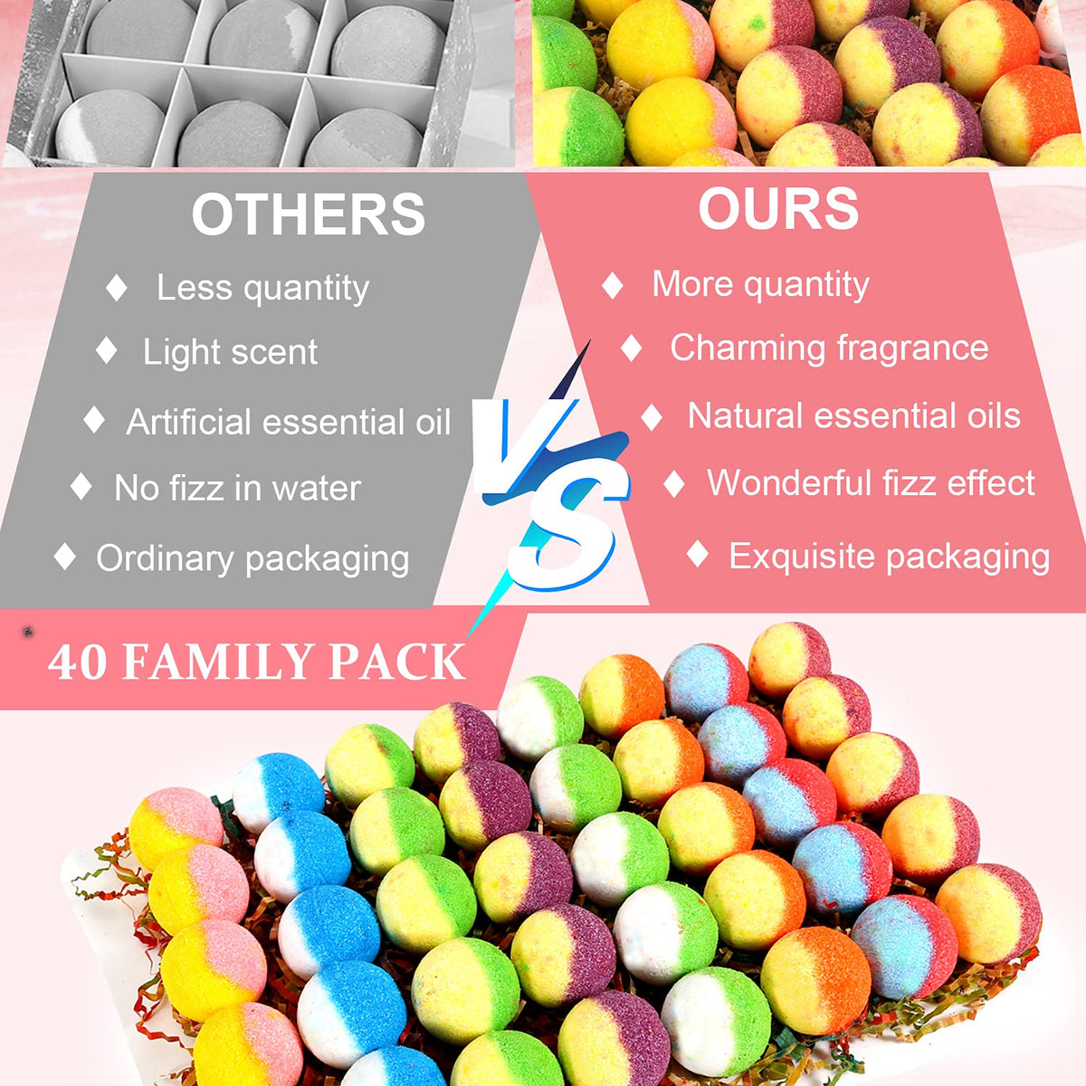 Bath Bomb Gift Set, Family Pack Mini Bath Bombs with Reusable Bowknot, 40 Pcs Organic & Natural Bath Bombs for Kids, Women and Men, Best Gift for Any Anniversaries