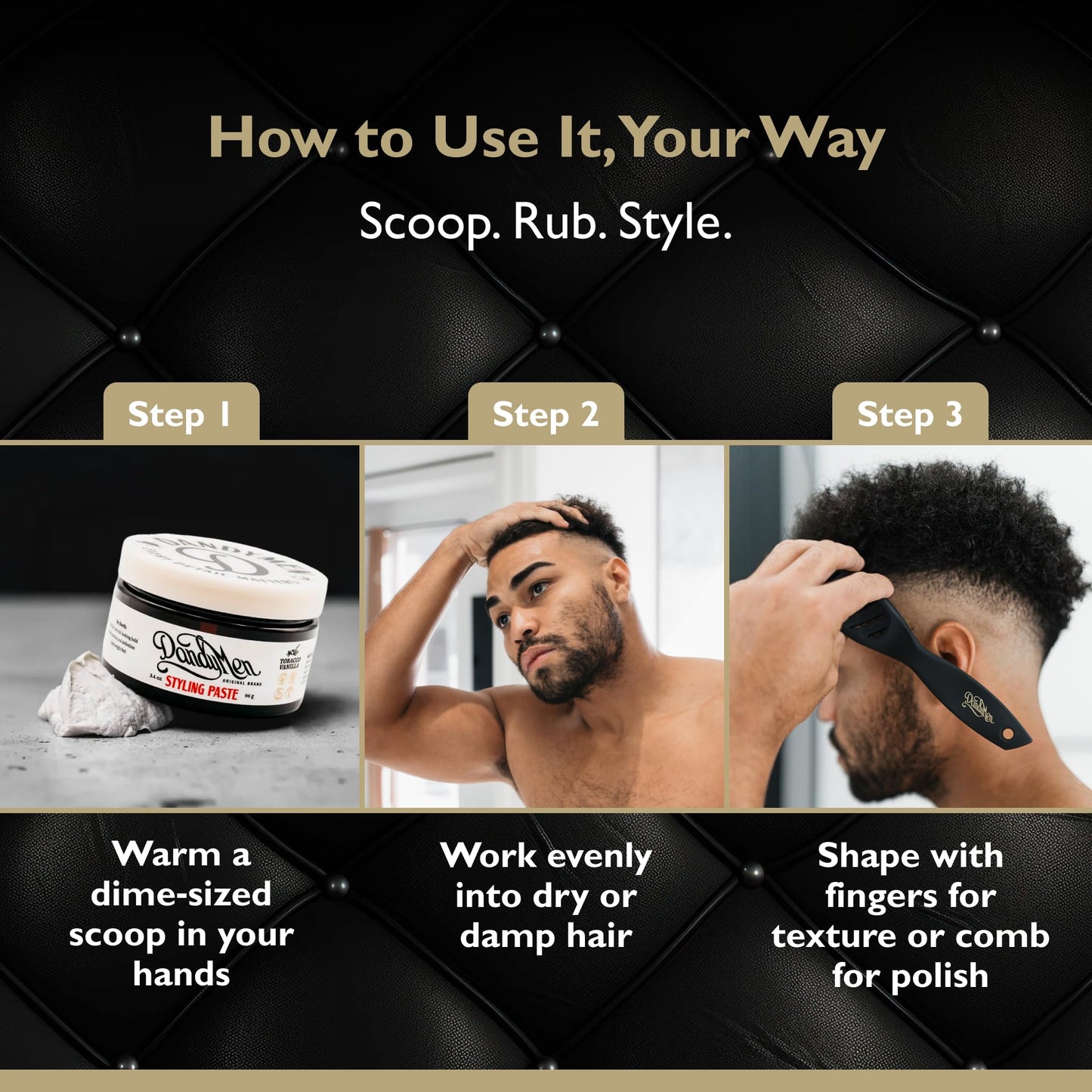 DandyMen Hair Styling Paste for Men | Medium Hold | Flexible Control & Natural Shine | Beeswax with Pro-Vitamin B5 | Tobacco Vanilla Scent | 3.4 oz, 2-Pack