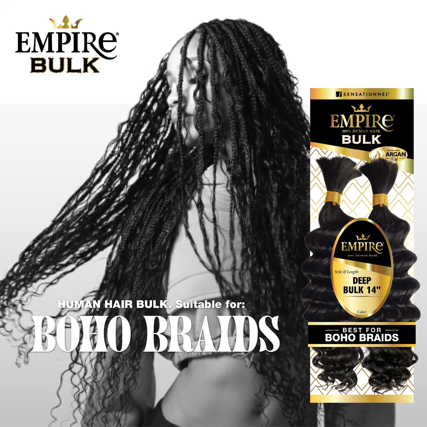 Sensationnel Empire Bulk Braiding – Deep Human Hair Braids for Knotless Boho Box or Curly Loose Wave Styles - 1 pack (14 inch, 1B OFFBLACK)