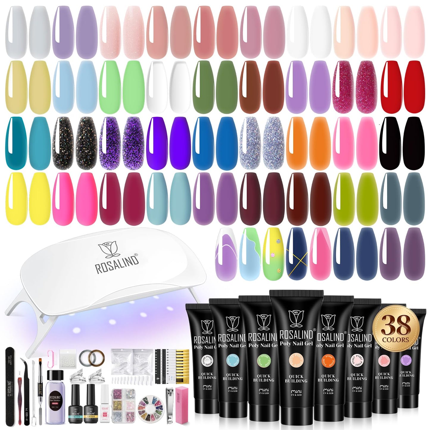 ROSALIND 38 Colors Poly Nail Gel Kit with Mini Nail Lamp Clear Neon Poly Nail Gel Starter Kit for Beginners Halloween All Seasons Classic Colors with Everything