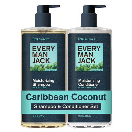 Every Man Jack Men's Shampoo and Conditioner Set - Caribbean Coconut - Sulfate Free - Made w/Plant Powered Moisturizing Ingredients like Coconut & Argan Oil - 16 fl oz (2 Pack)