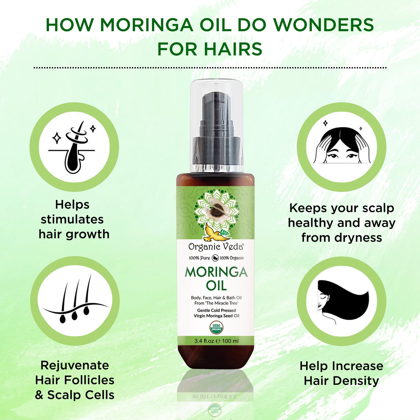 Organic Veda Moringa Oil Virgin 100% Pure & USDA Organic - Multi Purpose, Face, Hair & Skin, Nails, Fast Absorbing, Moisturizing & Beautifying - The Miracle Tree Moringa Oleifera Seed Oil, 3.4 fl.oz
