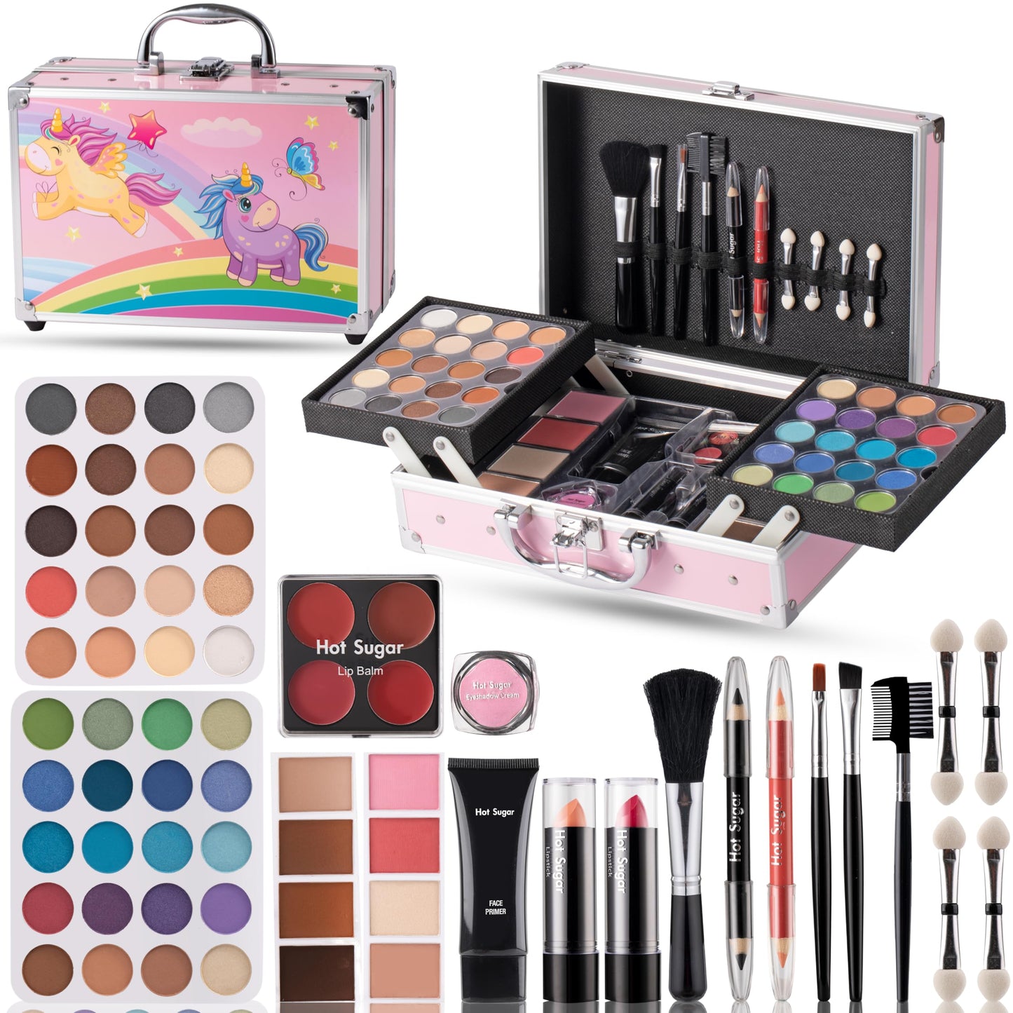 Hot Sugar Makeup Kit for Girls With Unicorn Aluminum Cosmetic Box including eyeshadow lipstick blush brush for Birthday Christmas